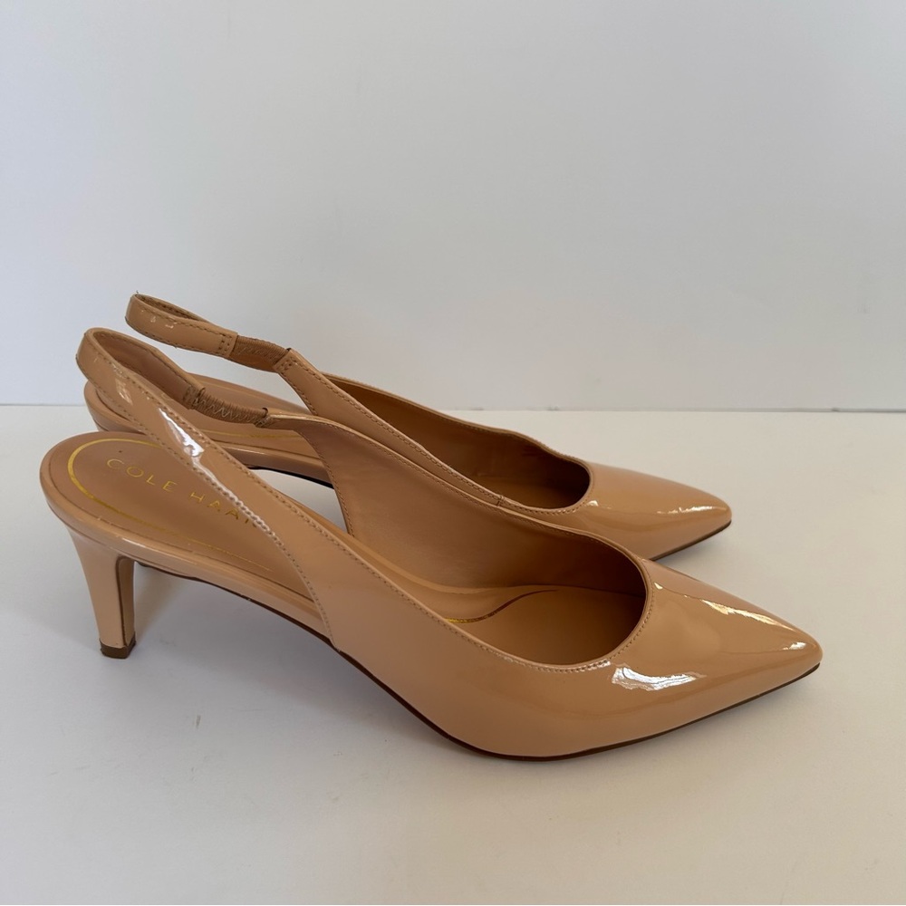 Cole Haan Glossy Leather Nude Slingback Kitten Heels Wedding Prom Church Easter